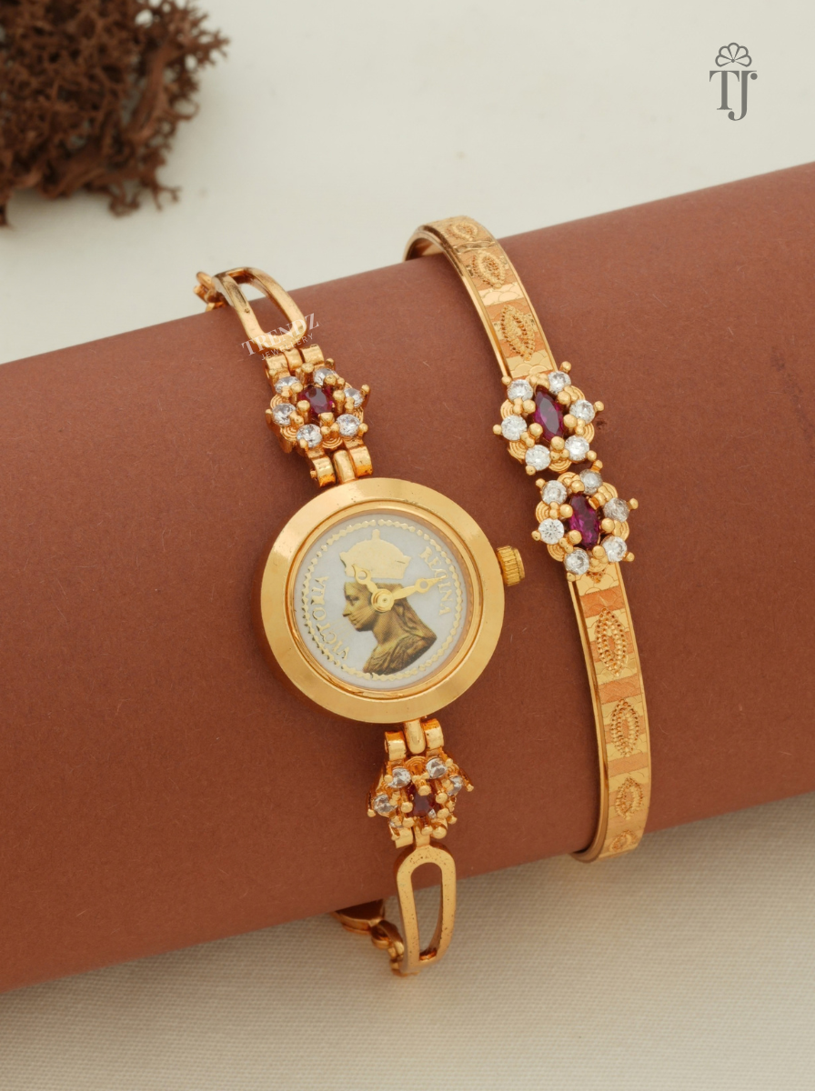Gold plated bangle watch and kada with white AD stones, side view