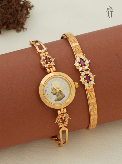 Gold plated bangle watch and kada with white AD stones, side view