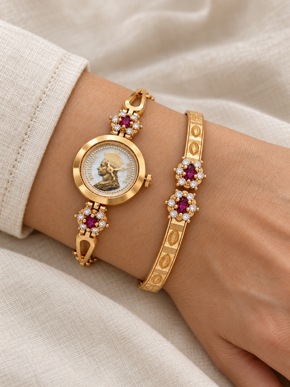 Woman wearing gold plated bangle watch and kada together on her wrist