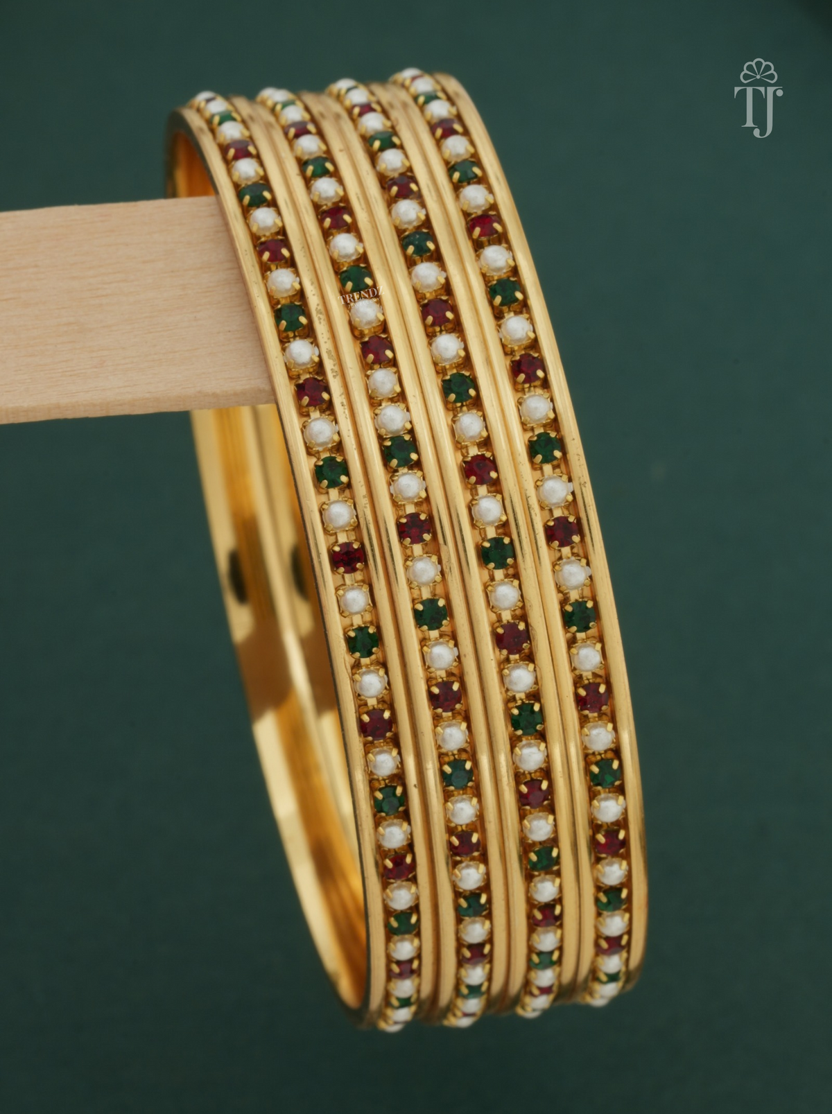 Gold Plated Moti Bangles with Red and Green AD Stones for Women | 4 Pieces (2 Pair)