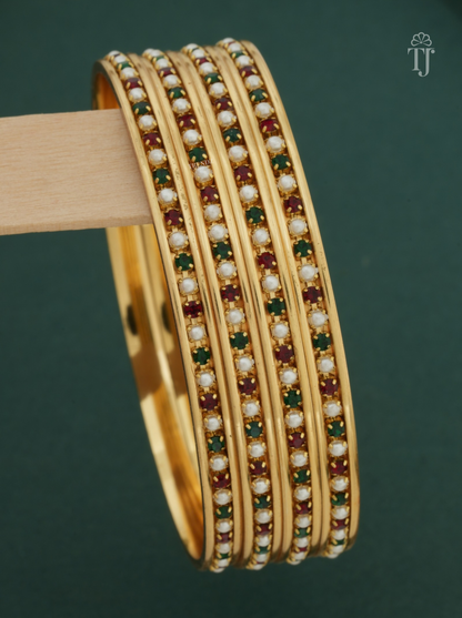 Gold Plated Moti Bangles with Red and Green AD Stones for Women | 4 Pieces (2 Pair)