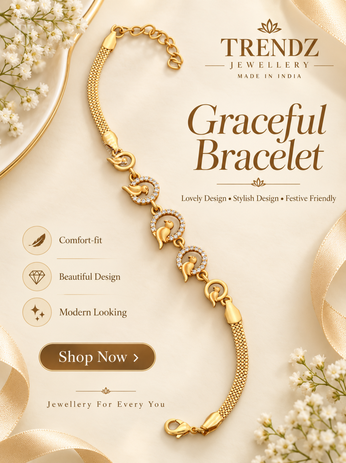 Bird bracelet for women with AD stone rings and mesh chain, Trendz Jewellery