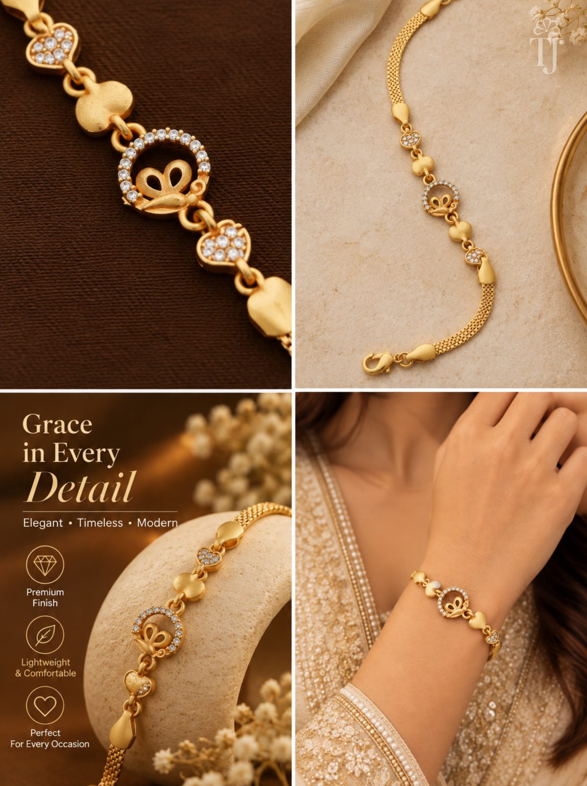 Four views of butterfly heart bracelet: close-up, flat-lay, text panel and on the wrist