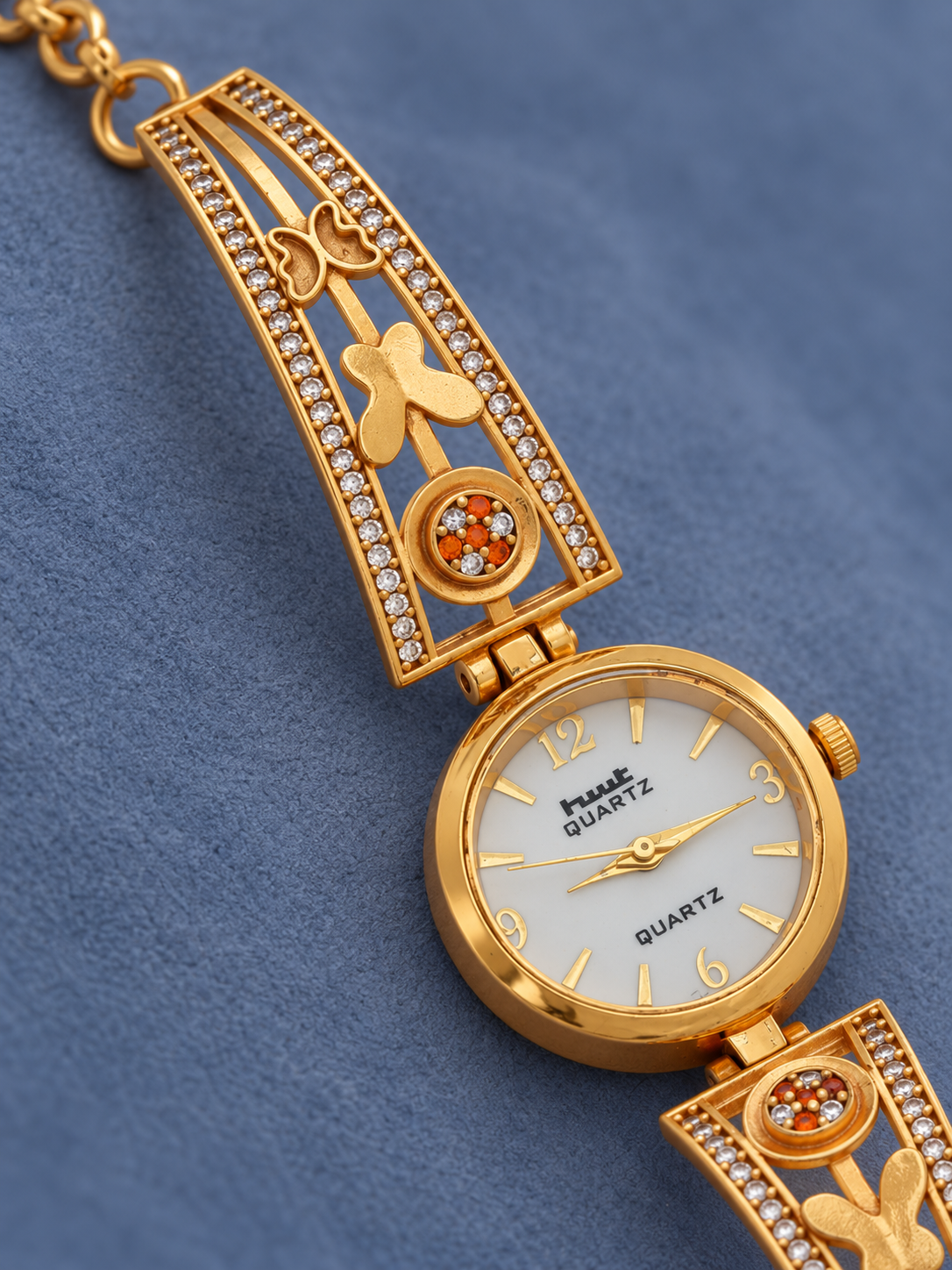 Gold Plated Butterfly Bracelet Watch for Women with White AD Stones