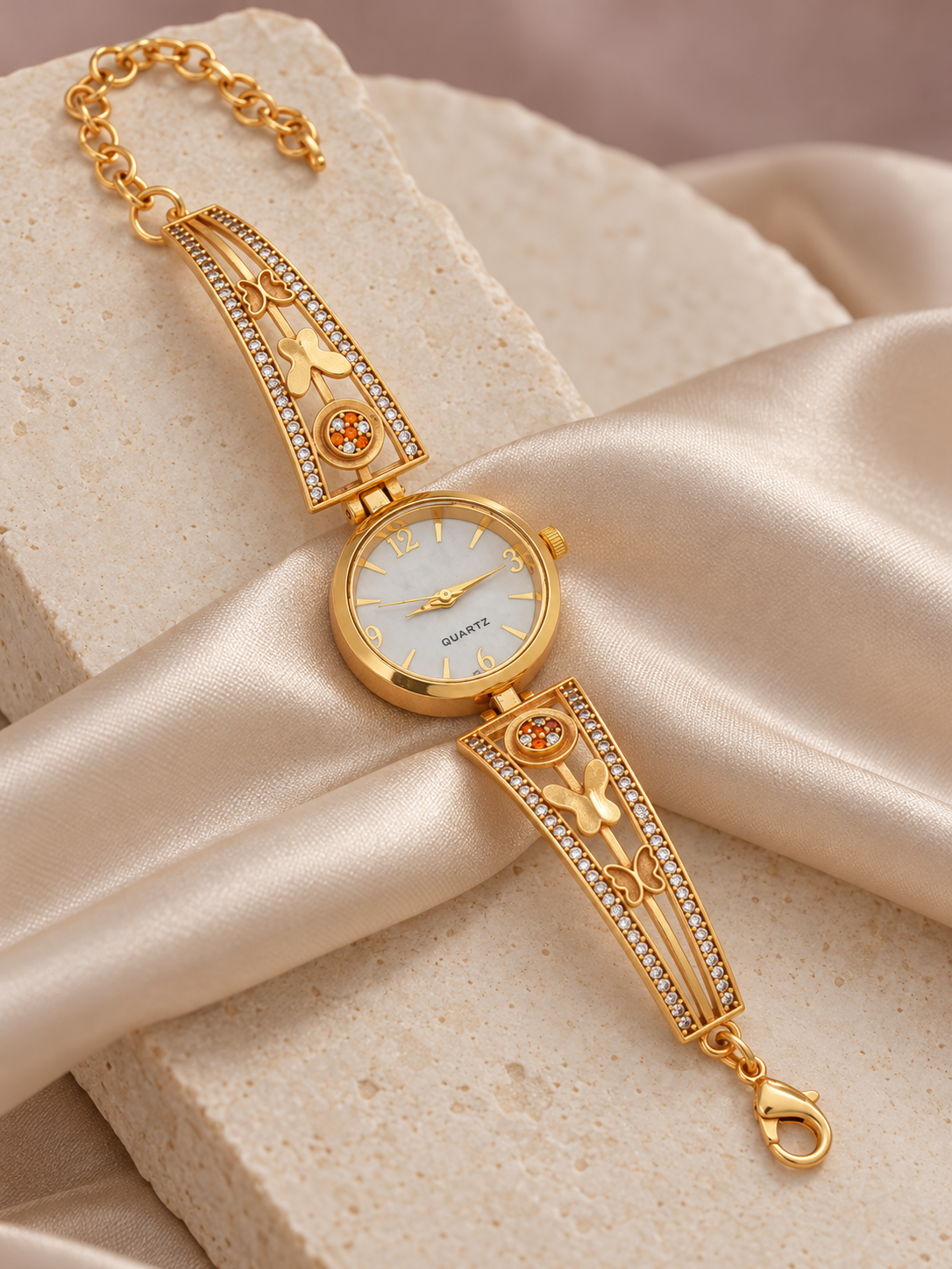 Gold Plated Butterfly Bracelet Watch for Women with White AD Stones