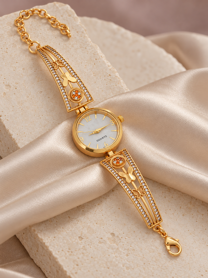Gold Plated Butterfly Bracelet Watch for Women with White AD Stones