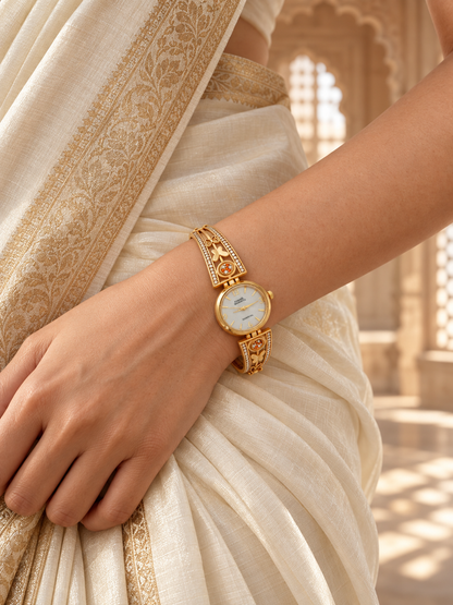 Gold Plated Butterfly Bracelet Watch for Women with White AD Stones