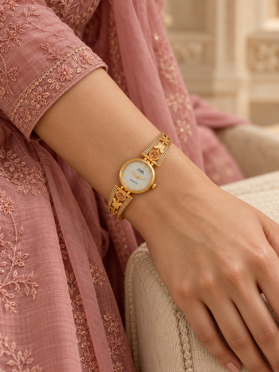 Gold Plated Butterfly Bracelet Watch for Women with White AD Stones
