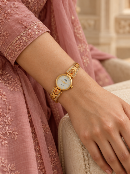 Gold Plated Butterfly Bracelet Watch for Women with White AD Stones