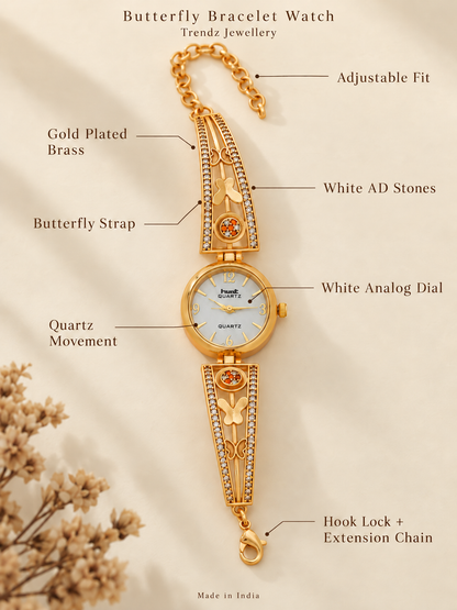 Gold Plated Butterfly Bracelet Watch for Women with White AD Stones