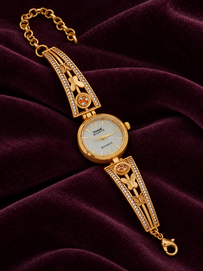 Gold Plated Butterfly Bracelet Watch for Women with White AD Stones