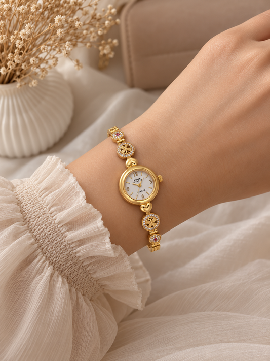 Gold-Plated Floral Link Watch Bracelet with Pink Stone Accents
