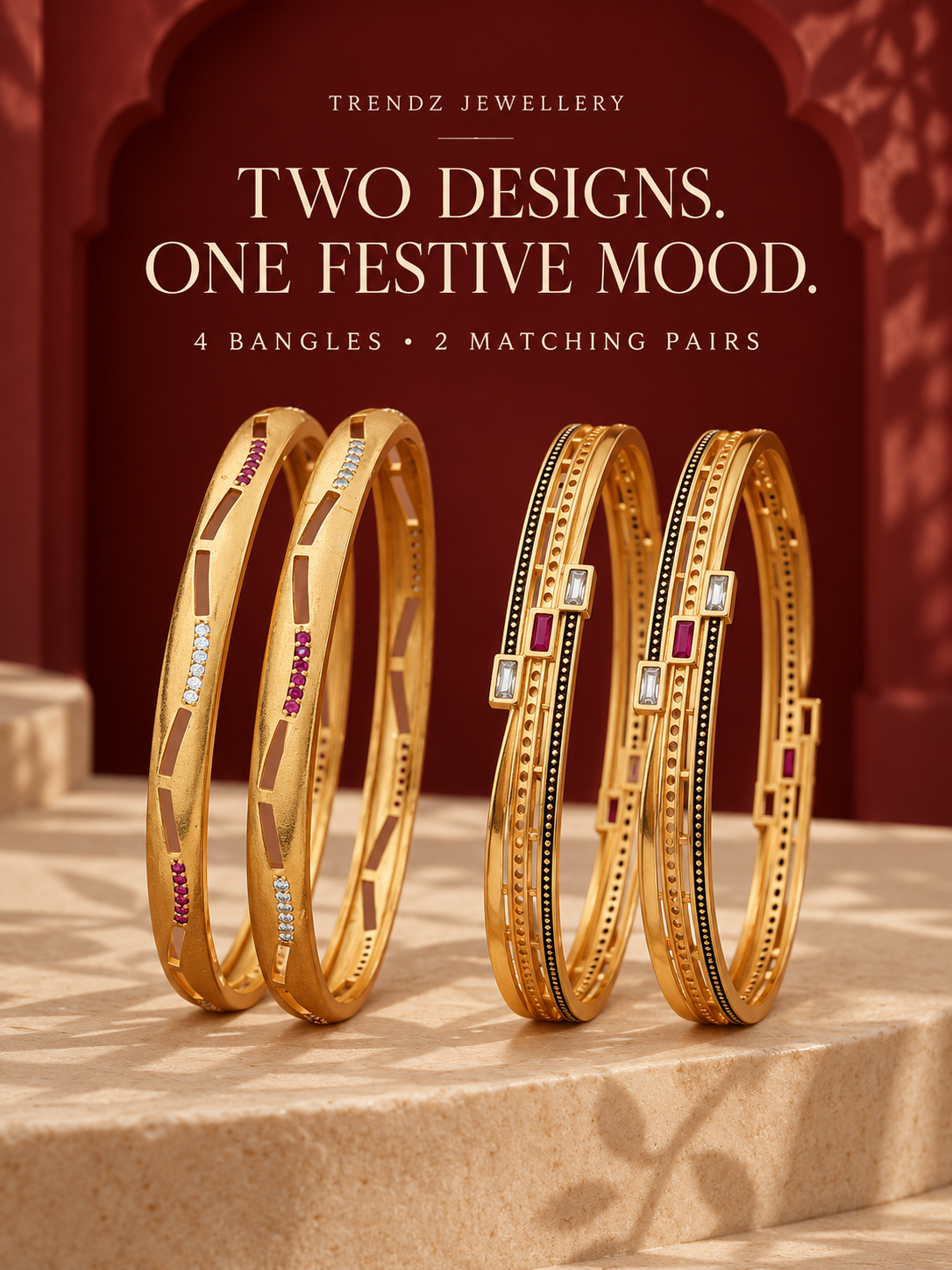 Micro Gold Plated Square Shape Bangles for Women | White AD & Ruby Stone Bangle Set