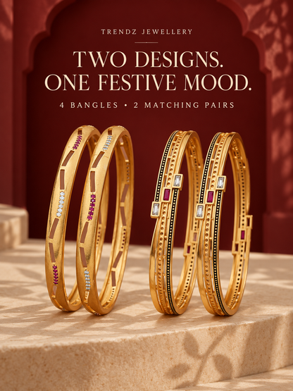 Micro Gold Plated Square Shape Bangles for Women | White AD & Ruby Stone Bangle Set