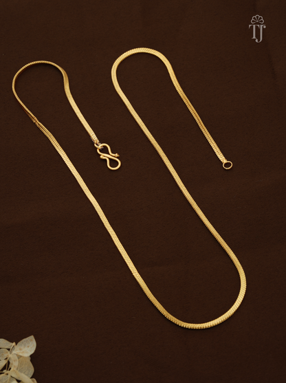 Chain designs for women and girls, gold plated snake chain with S-hook on brown fabric