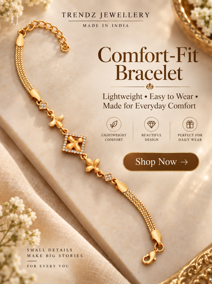 Comfort fit AD stone bracelet with petal motifs on cream fabric