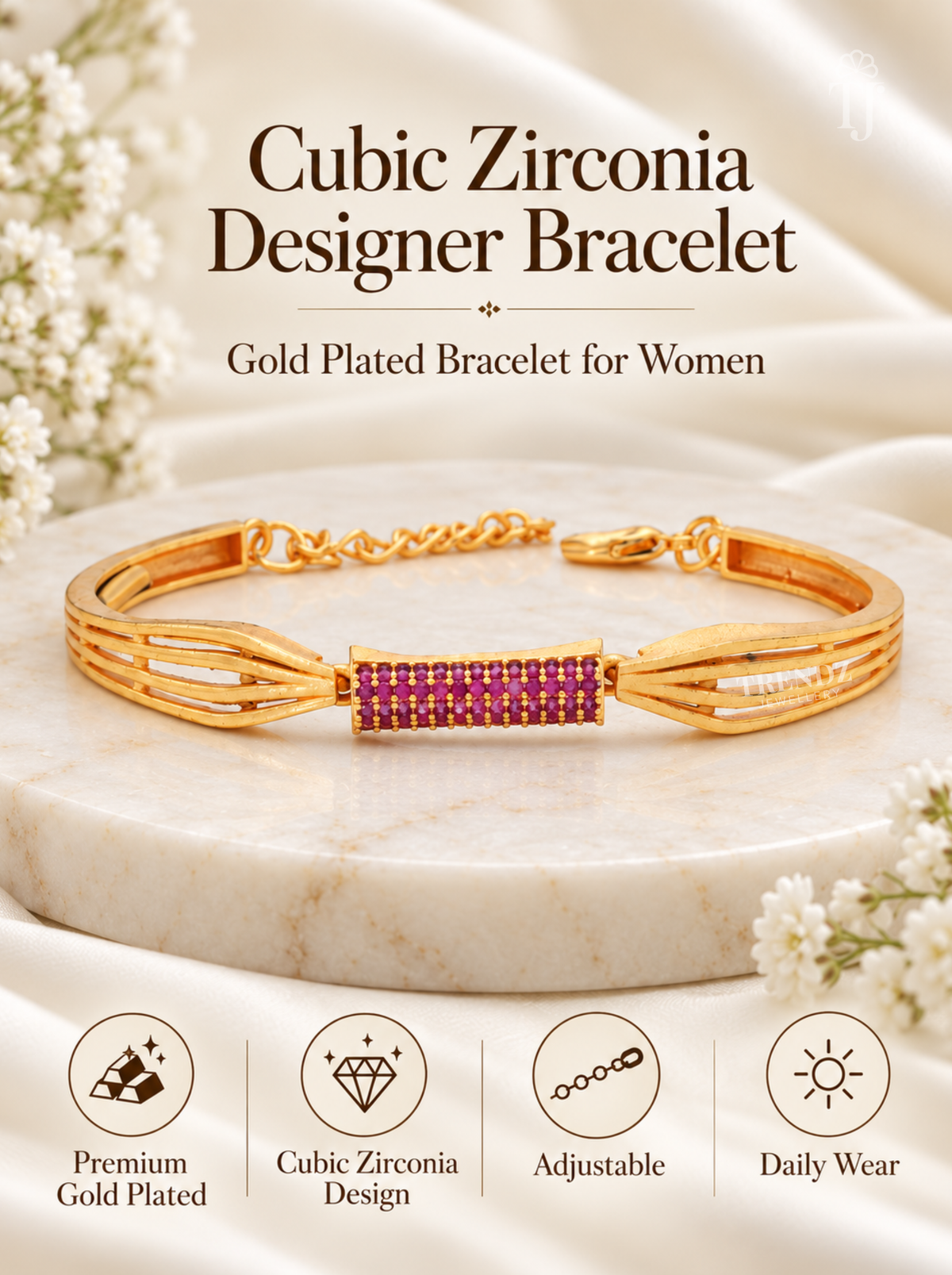 Gold-plated cubic zirconia designer bracelet for women, featuring a central rectangular row of pink cubic zirconia stones, displayed on a white marble pedestal with decorative white flowers and draped fabric. The image includes text overlays describing the product and feature icons at the bottom.