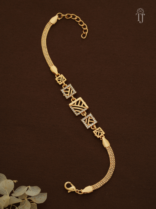 full look of square openwork charms with diagonal gold bars and white AD stone borders