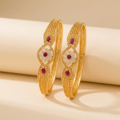 Elegant Gold-Plated Designer Bangles with CZ & Ruby Stone