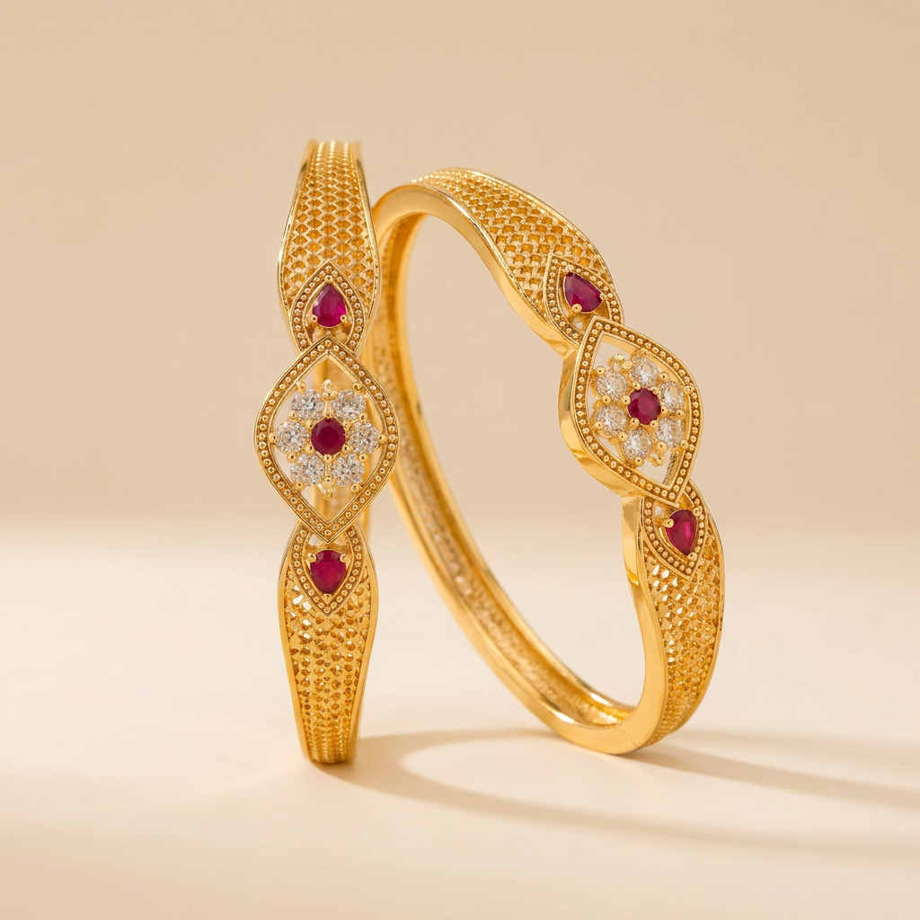 Elegant Gold-Plated Designer Bangles with CZ & Ruby Stone