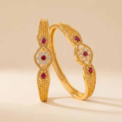 Elegant Gold-Plated Designer Bangles with CZ & Ruby Stone