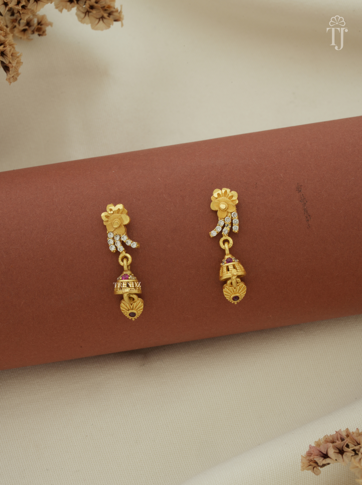 Designer gold plated drop earrings with gold flower top, AD stone lines and small jhumka