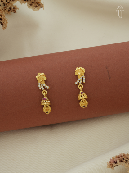 Designer gold plated drop earrings with gold flower top, AD stone lines and small jhumka