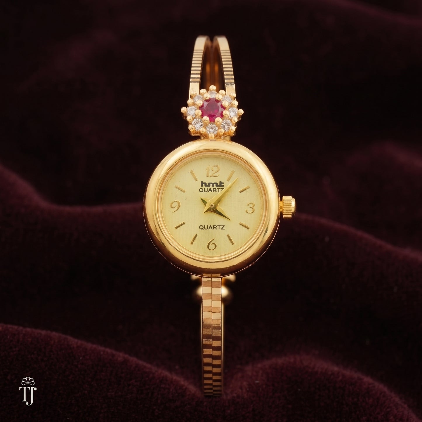 Gold Plated Quartz Watch with Diamond Ruby Bangle Bracelet Set