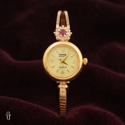 Gold Plated Quartz Watch with Diamond Ruby Bangle Bracelet Set