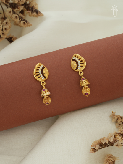 Earrings for girls artificial in India, half moon AD stone design with small gold jhumka