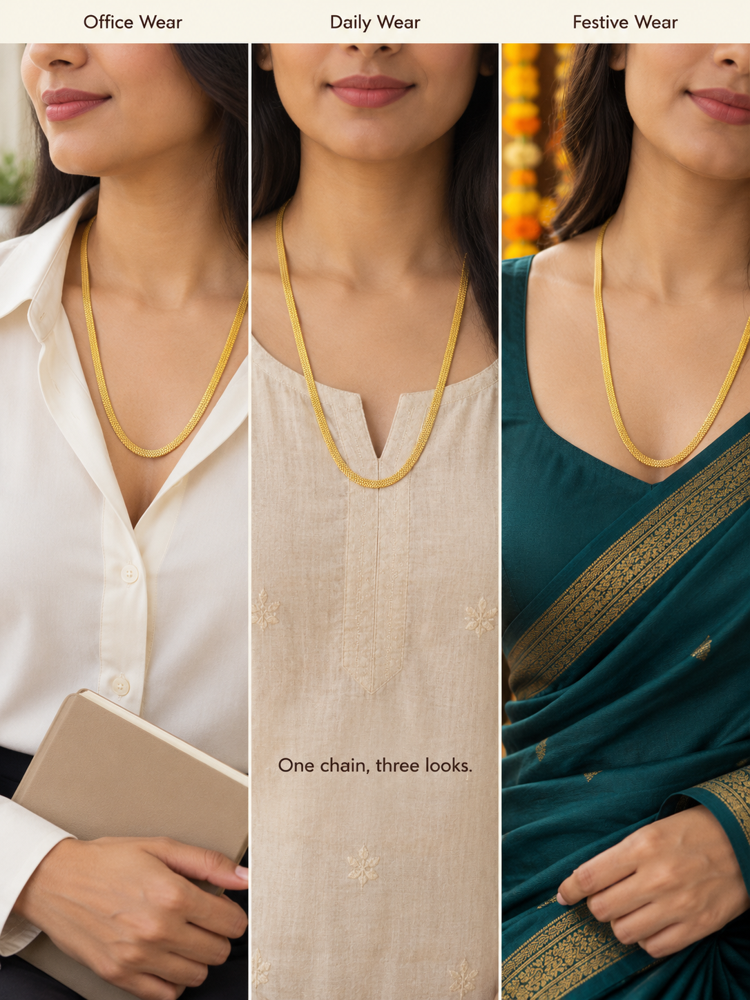 Flat gold plated chain styled with white office shirt, cream kurta and teal saree