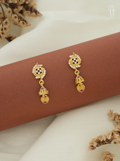 Gold plated artificial earrings for women with AD stone flower top and small jhumka drop