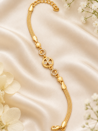 Gold plated bracelet for women daily wear with round AD stone charm on white satin