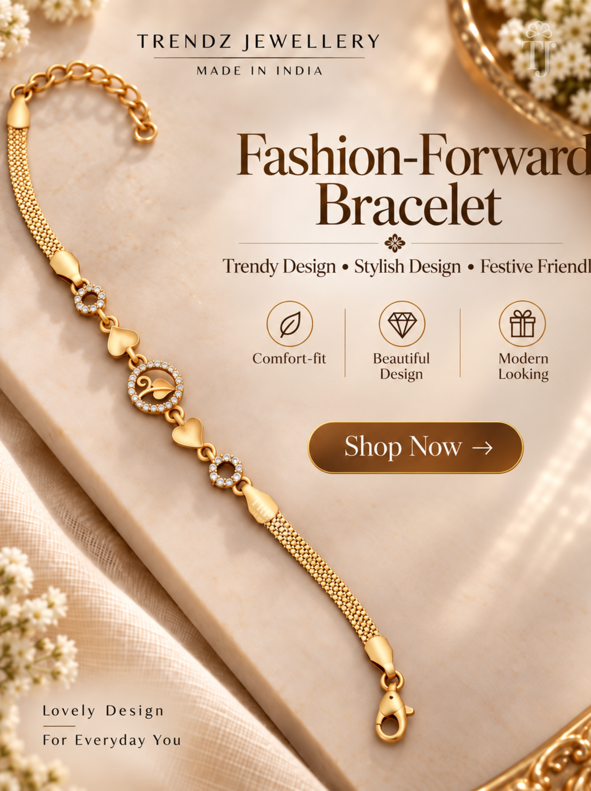 Gold plated bracelet for women with round leaf charm and white AD stones, Trendz Jewellery
