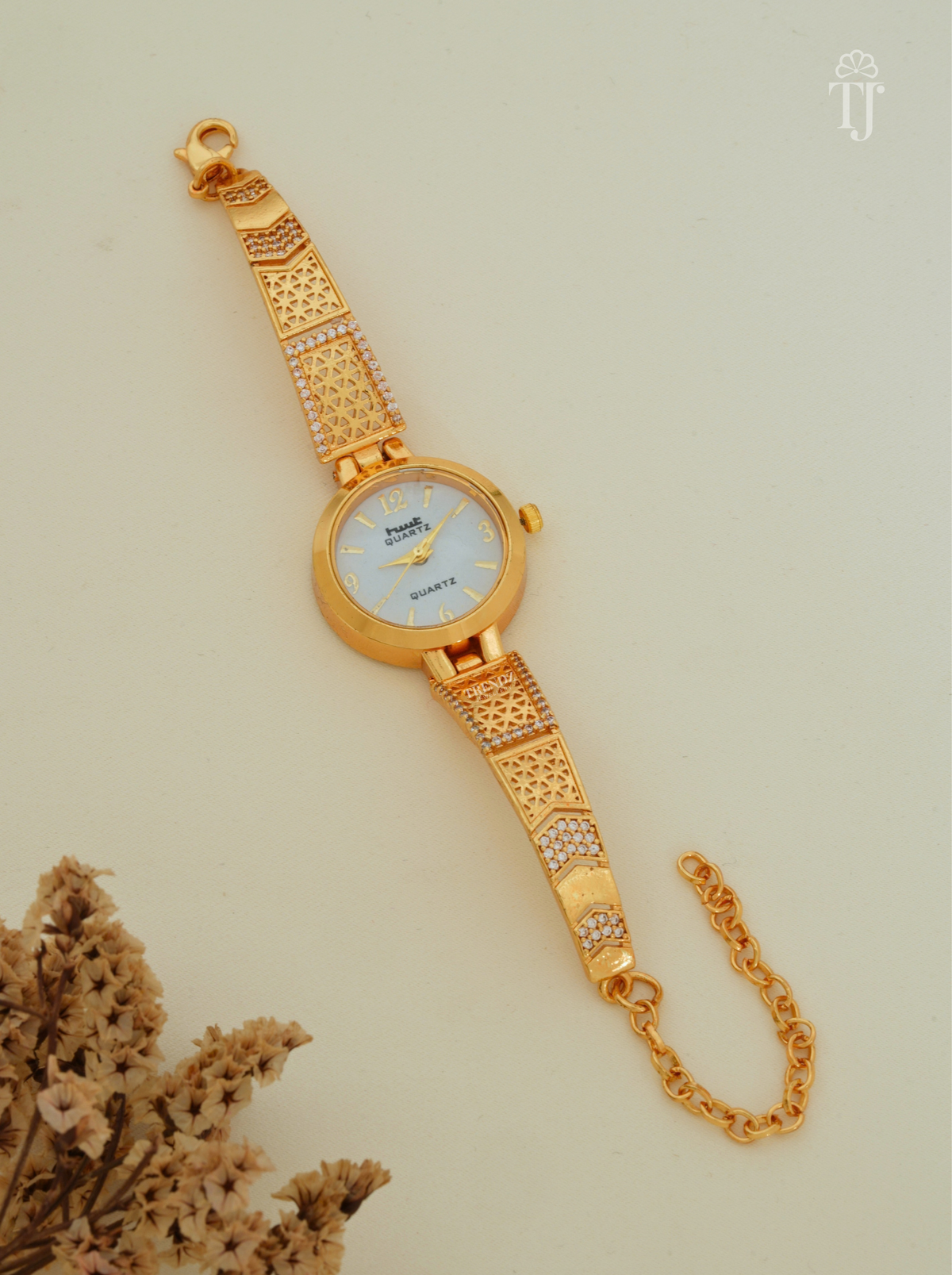 Festive Gold Plated Bracelet Watch for Women with Jali Design and AD Stones