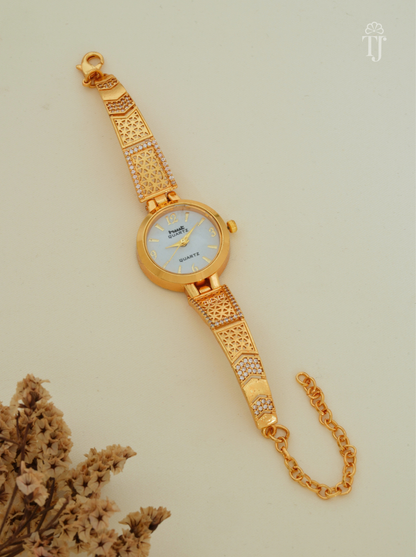 Festive Gold Plated Bracelet Watch for Women with Jali Design and AD Stones