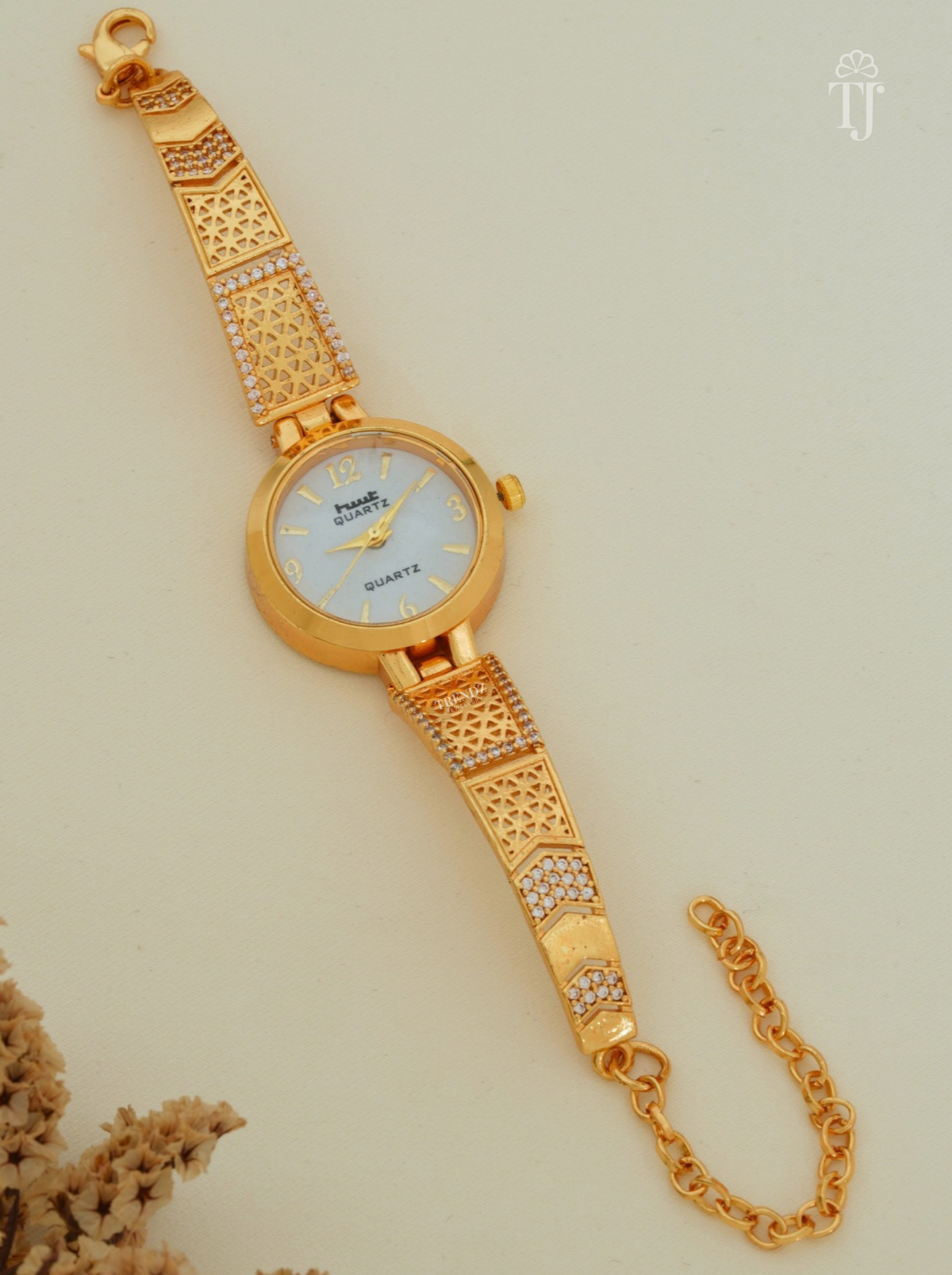 Festive Gold Plated Bracelet Watch for Women with Jali Design and AD Stones