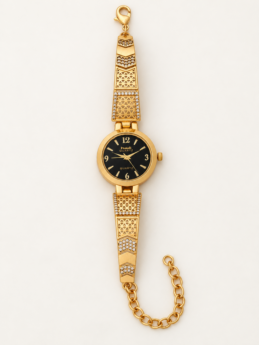 Black Dial Gold Plated Bracelet Watch for Women with Jali Strap and AD Stones