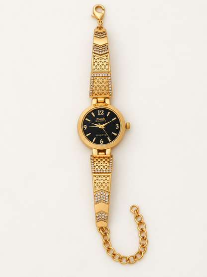 Black Dial Gold Plated Bracelet Watch for Women with Jali Strap and AD Stones