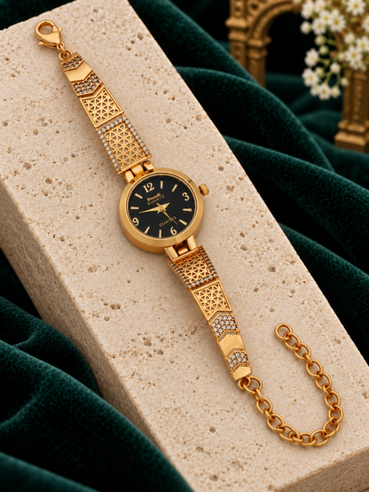 Black Dial Gold Plated Bracelet Watch for Women with Jali Strap and AD Stones