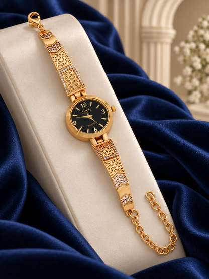 Black Dial Gold Plated Bracelet Watch for Women with Jali Strap and AD Stones