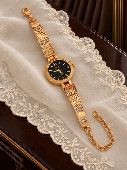 Black Dial Gold Plated Bracelet Watch for Women with Jali Strap and AD Stones