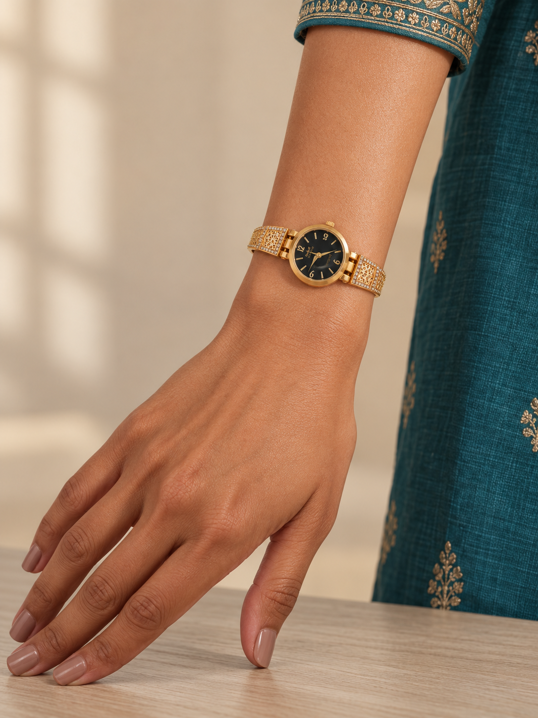 Black Dial Gold Plated Bracelet Watch for Women with Jali Strap and AD Stones