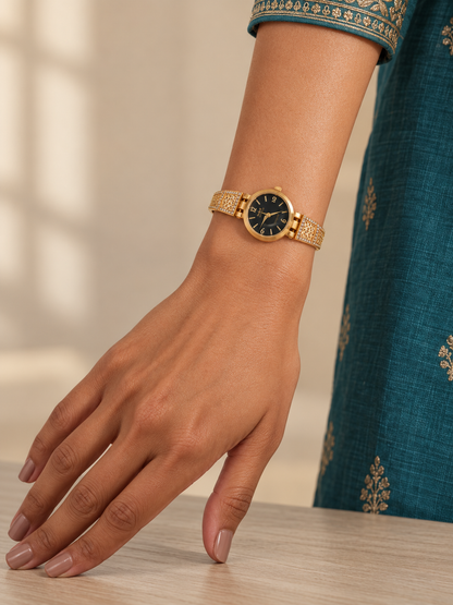 Black Dial Gold Plated Bracelet Watch for Women with Jali Strap and AD Stones