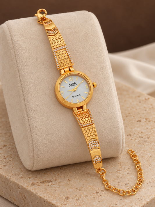 Festive Gold Plated Bracelet Watch for Women with Jali Design and AD Stones