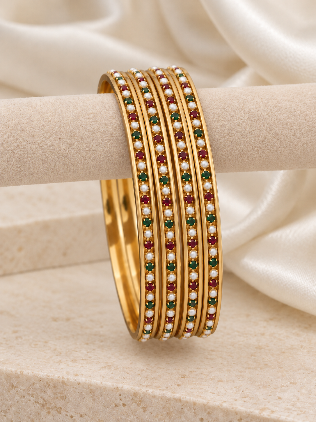 Gold Plated Moti Bangles with Red and Green AD Stones for Women | 4 Pieces (2 Pair)