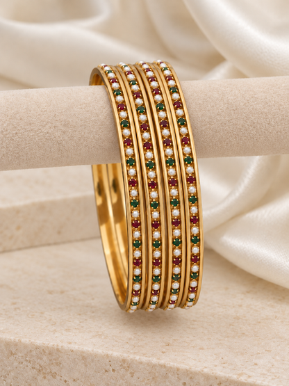 Gold Plated Moti Bangles with Red and Green AD Stones for Women | 4 Pieces (2 Pair)