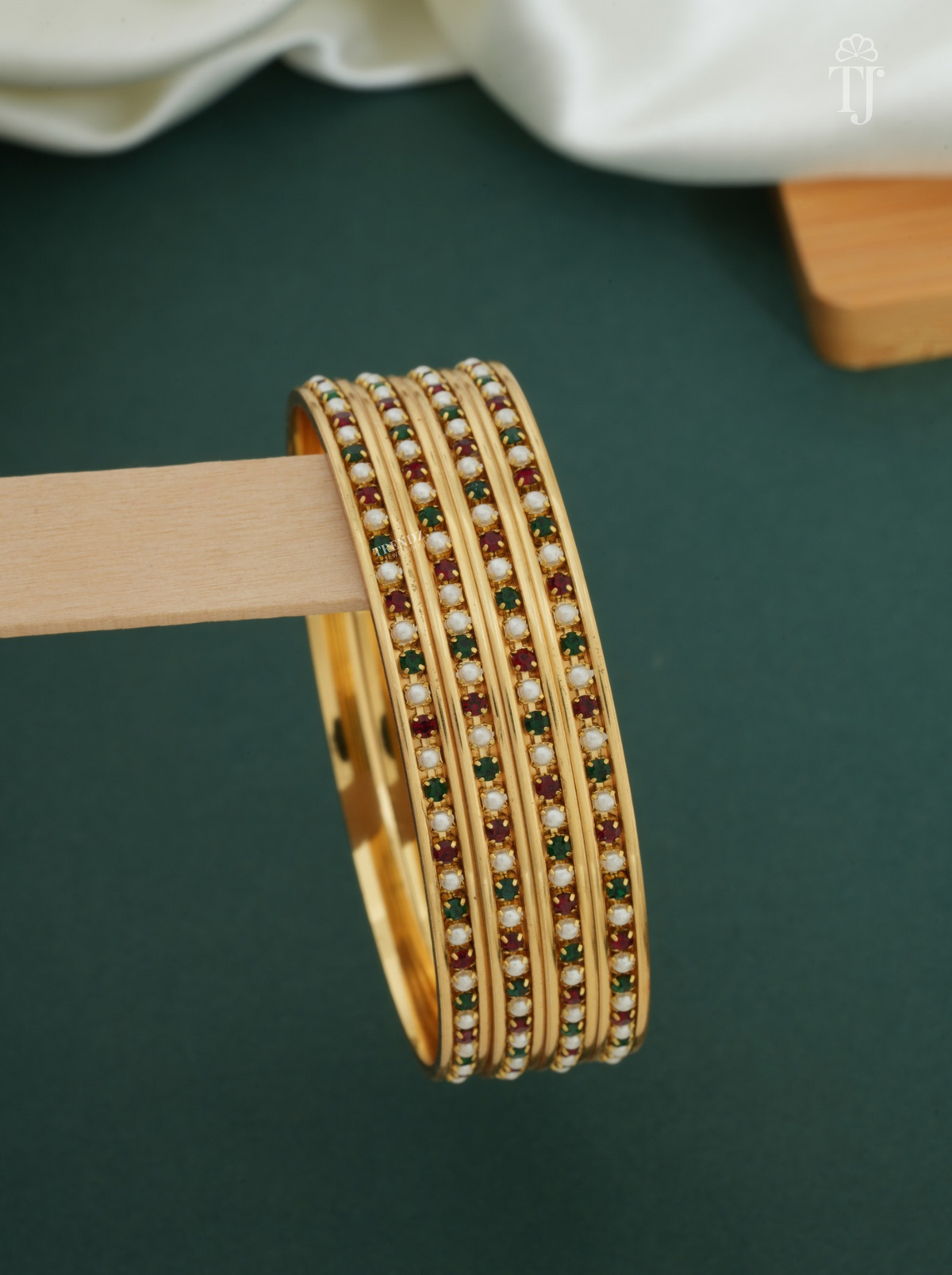 Gold Plated Moti Bangles with Red and Green AD Stones for Women | 4 Pieces (2 Pair)