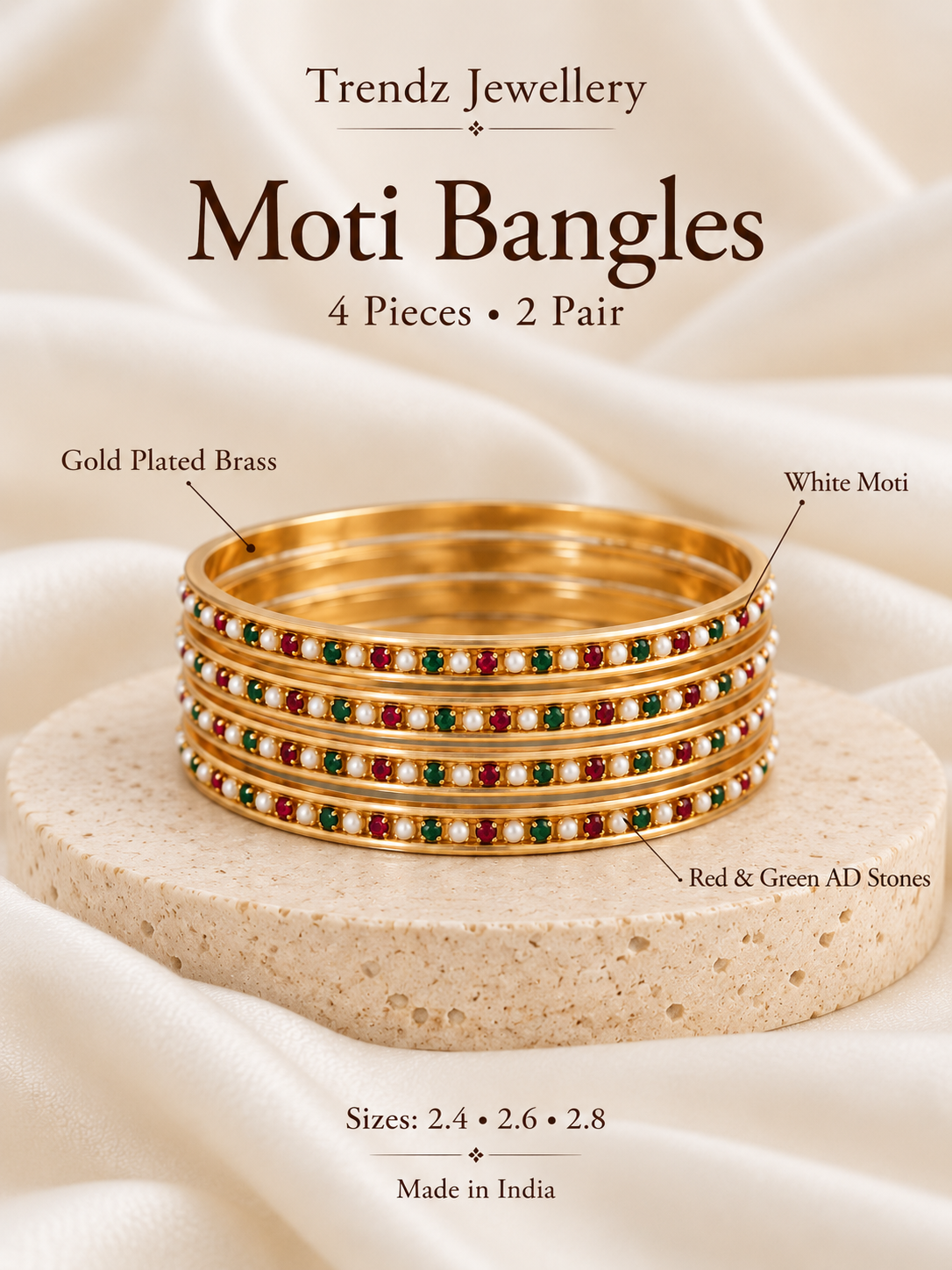 Gold Plated Moti Bangles with Red and Green AD Stones for Women | 4 Pieces (2 Pair)