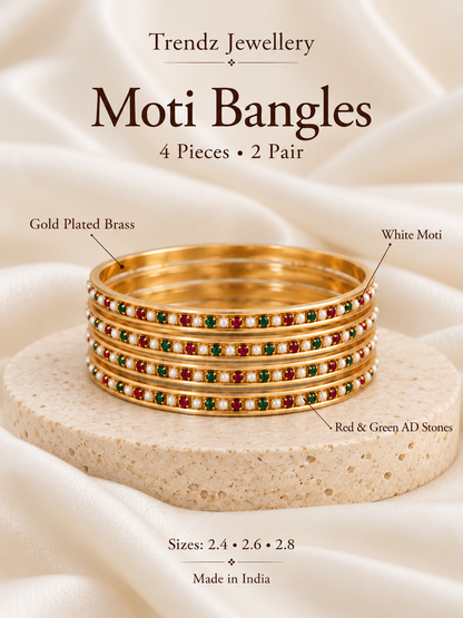 Gold Plated Moti Bangles with Red and Green AD Stones for Women | 4 Pieces (2 Pair)